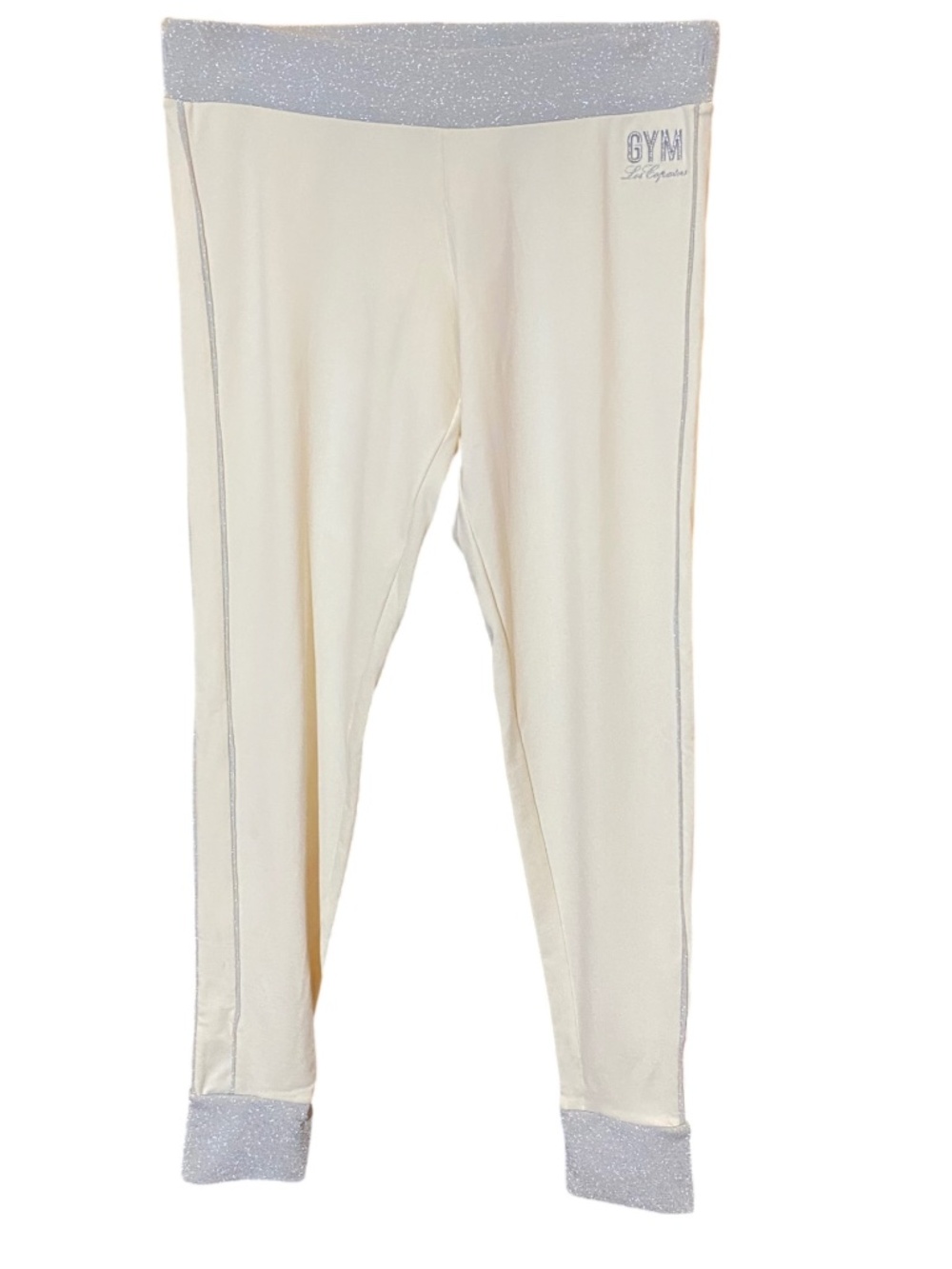 GYM Les Copains Vintage Ivory Silver Lurex Glitter Joggers Pants NWOT Size M / 6
